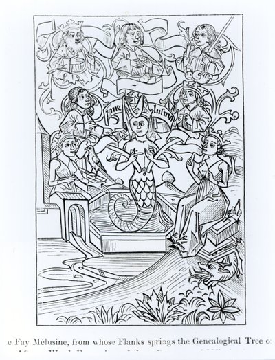 La Hada Melusina, de cuyos flancos surge el árbol genealógico de reyes y emperadores, ilustración de Ciencia y Literatura en la Edad Media y Renacimiento, escrita y grabada por Paul Lacroix de French School