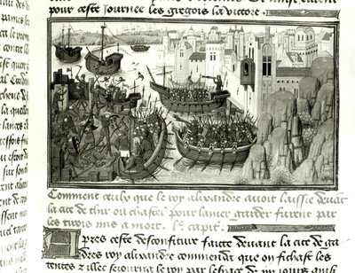 El primer ataque a Tiro, de la Histoire du Grand Alexandre 1460 de French School