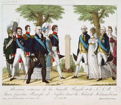 El primer encuentro entre Luis XVIII (1755-1824) y Marie-Caroline-Ferdinande (1798-1870) de Borbón, en la Croix de St. Herem en el bosque de Fontainebleau, 15 de junio de 1816, 1816-30 de French School