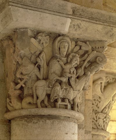 La huida a Egipto, relieve del capitel de la columna de la iglesia de la abadía benedictina, siglo XIII de French School
