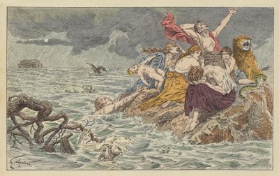El diluvio (litografía en color) de French School