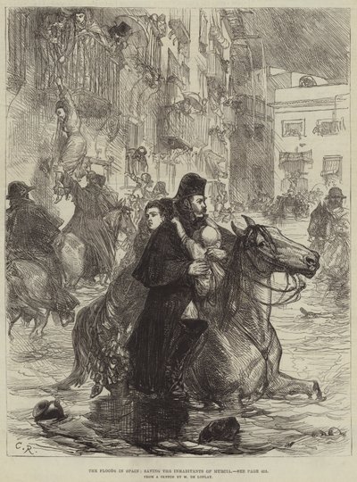 Las inundaciones en España, salvando a los habitantes de Murcia (grabado) de French School