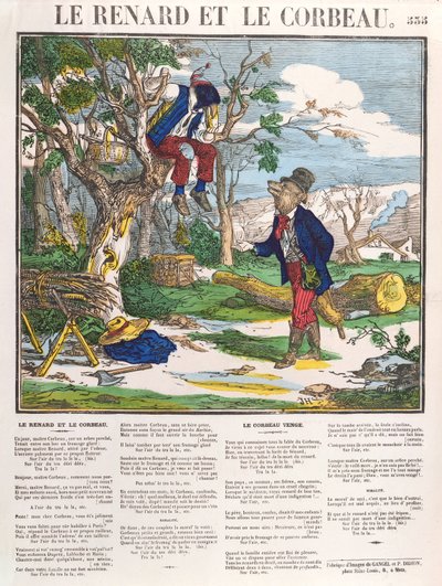 El zorro y el cuervo, c.1840 (grabado en color) de French School