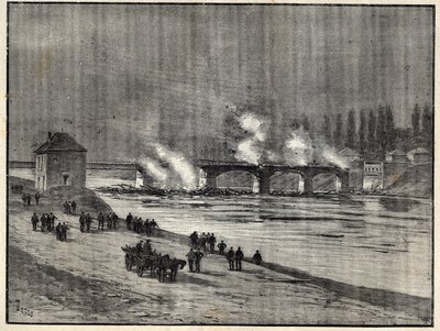 La Guerra Franco-Prusiana - La defensa de París-quema del Puente de Asnieres - Incendio del puente de Asnieres durante el asedio (defensa) de París - Grabado en 