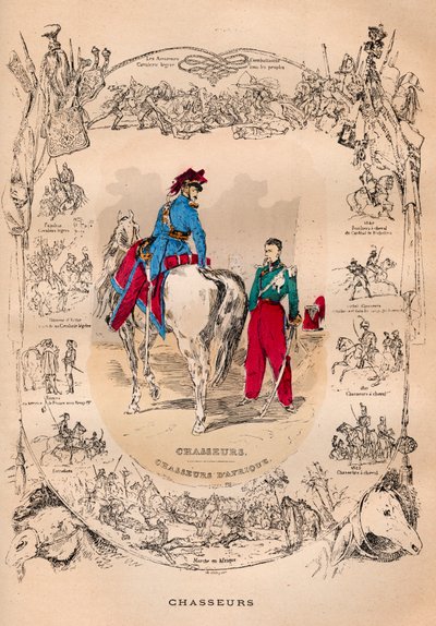 El ejército francés bajo el reinado de Luis Felipe de 1830 a 1848 - Cazadores y cazadores de África - Grabado de 1882 en “Histoire de dix ans: 1830-1840” Louis-Blanc (1811-1882) de French School