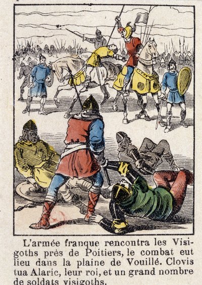 El ejército francés se encontró con los visigodos cerca de Poitiers, la lucha tuvo lugar en la llanura de Vouillé. Clodoveo mató a Alarico, su rey, y a un gran número de soldados visigodos, en 507. de French School