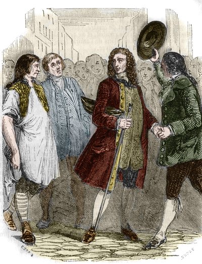 El escritor y filósofo francés François-Marie Arouet, conocido como Voltaire (1694-1778), regresó a Francia después de su exilio. Grabado del siglo XIX de French School