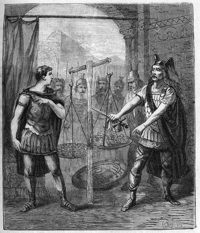 El líder del ejército galo Brennos (Brennus) derrota a los romanos y proclama el "Vae Victis" (¡Ay de los vencidos) de French School