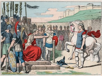 El jefe galo Vercingetorix (80-46 a.C.) yendo a Julio César (100-44 a.C.) en Alesia en 52 a.C. - Vercingetorix (72-46 a.C.) líder galo, rindiéndose a César en Alesia (Francia) - Grabado de finales del siglo XIX en “Nos Gires Nationales - Imágenes y relatos de French School