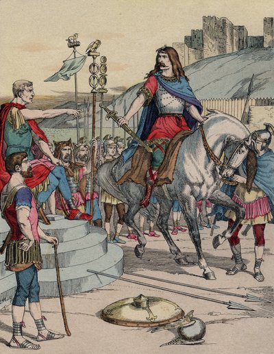 El jefe galo Vercingétorix (72-46 a.C.) rindiéndose al jefe romano Julio César (100-44 a.C.) después de la batalla de Alesia en 52 a.C. de French School