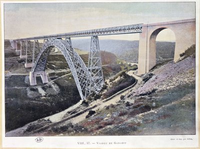 El Viaducto de Garabit, construido 1882-84, impreso por Gillot (fotografía coloreada) de French School