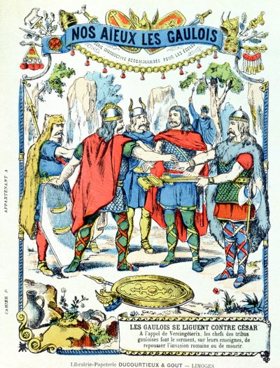 Los líderes galos en alianza contra Julio César (100-44 a.C.) liderados por Vercingétorix (d.46 a.C.) de una funda protectora para libros escolares, finales del siglo XIX de French School