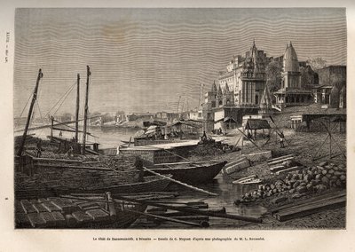 El Ghat de Benarés (actual Vanarasi) (ghat designa los escalones que cubren las orillas de los ríos y las orillas de los estanques y reservorios que permiten descender en contacto con el agua), grabado según el dibujo de G. Moynet, ilustrando el viaje t de French School