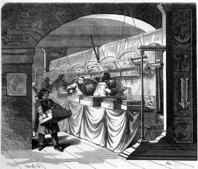 La fábrica de Gobelinos. Interior del taller. Grabado del siglo XIX. de French School