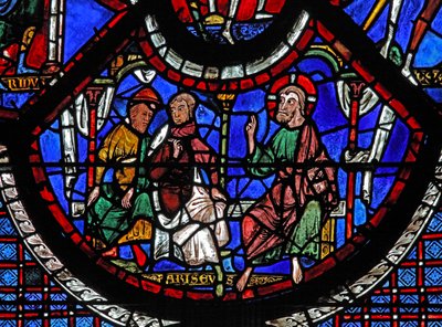 La ventana del Buen Samaritano: Cristo contando la parábola del Buen Samaritano de French School