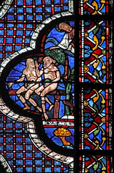 La ventana del Buen Samaritano: Dios llama a Adán y Eva (con hojas de higuera) de French School