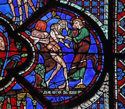La ventana del Buen Samaritano: Dios crea a la mujer de la costilla de Adán dormido de French School
