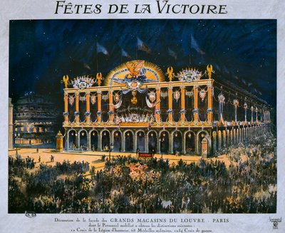 Los Grandes Almacenes del Louvre decorados para la celebración de la Victoria de 1918, 14 de julio de 1919 de French School