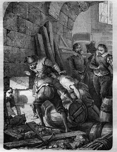 La Conspiración de la Pólvora: Conspiración de católicos para asesinar al Rey Jacobo I, su familia y parte de la aristocracia detonando el Palacio de Westminster (Londres) en la ceremonia de apertura del Parlamento el 5 de noviembre de 1605. Grabado en “Hi de French School