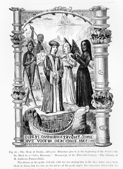 La hora de la muerte, una miniatura alegórica, de un manuscrito del siglo XV de French School