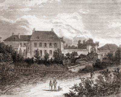 La casa de Gras, cerca de Chalon-sur-Saône, Francia, donde el inventor francés Nicéphore Niépce desarrolló la heliografía, de Les Merveilles de la Science, publicado hacia 1870 (grabado). de French School