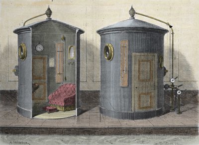 La cámara hiperbárica de Paul Bert (1833-1887) fisiólogo y político francés. Grabado de 1855 de French School