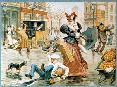 La escena del hielo de la calle en París durante el invierno, un empleado se desliza por el suelo a causa del hielo, así como un caballo tirando de un carruaje, siglo XX (cromolitografía) de French School