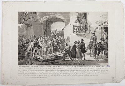 Los habitantes depositando las puertas de Grenoble a los pies del emperador, 6 de marzo de 1815, publicado por Martinet, 1815 de French School