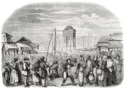 Los Inocentes marchan en París con la fuente - Grabado en “Tableau-de-Paris” por Edmond Texier 1852 de French School