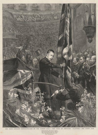 La manifestación lealista irlandesa en el Albert Hall, Londres, 1893: el Duque de Abercorn (James Hamilton) (1811-1885) plantando la Union Jack de French School