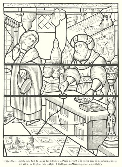 El judío de la Rue des Billettes, París, profanando la Hostia al perforarla con su cuchillo, según una vidriera del siglo XIV en la Iglesia de Saint-Alpin, Chalons-sur-Marne, Francia (grabado) de French School