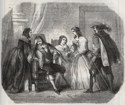 El Rey de Francia Luis XIII (1601-1643) es atrapado con migraña cuando habla con la Reina Ana de Austria (1601-1666). Grabado de 1871 en "Histoire Des Cocus Celebres" de Henry de Kock (1819-1892) de French School
