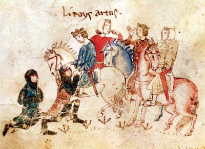 Los caballeros Esclabor y Arphasar ofrecen sus servicios al Rey Arturo, del Roman de Meliadus de French School