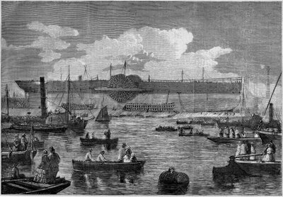 El "Leviathan" (Great Eastern), el primer transatlántico gigante, durante su intento de lanzamiento en 1857. Grabado en "Le Monde Illustré" n°31 del 14 de noviembre de 1857. de French School