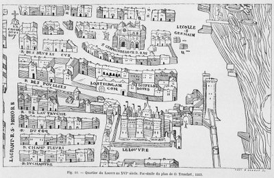 El distrito del Louvre en el siglo XVI, facsímil del plan de Truschet de French School
