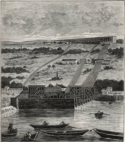 La Máquina de Marly - Vista de la máquina del acueducto de Marly instalada en Bougival - El acueducto de Louveciennes (o Marly) para abastecer de agua a Versalles y al castillo de Marly - Grabado en "Ciencias puestas a disposición de todos - física y quími de French School