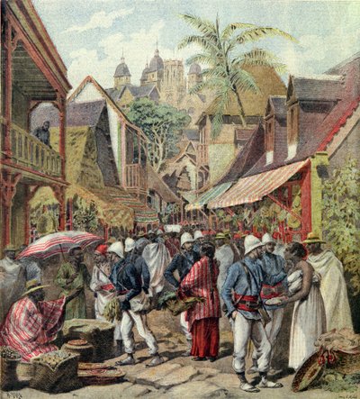 La Expedición de Madagascar, soldados franceses en una calle de Tananarive, de Le Petit Journal, 27 de octubre de 1895 de French School