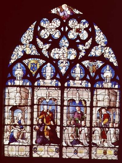 La Virgen y el Niño con San Juan Bautista, San Pedro presentando a Pierre Tullier, el alcalde de Bourges, y su esposa a la Virgen, San Juan presentando a Jean, François y Pierre Tullier, fundador de... de French School