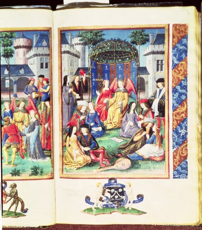 El Jardín Mágico, con figuras alegóricas de Riqueza, Cortesía, Liberalidad, Belleza, Amor, Candor y Juventud, del Roman de la Rose de French School