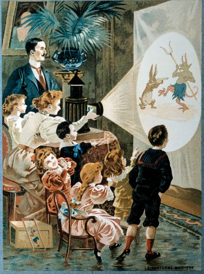 La linterna mágica en familia Los niños miran la pantalla de la linterna mágica, siglo XX (cromolitografía) de French School
