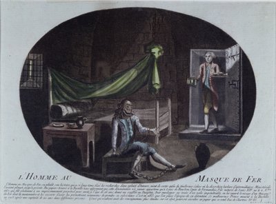 El Hombre de la Máscara de Hierro (m.1703) encarcelado en la Bastilla, impresión de 1789-90 que lo identifica como Luis de Borbón, Conde de Vermandois, hijo de Luis XIV (1638-1715) y Louise de la Vallière de French School