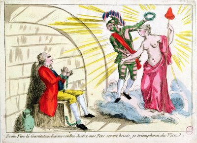 El Hombre de la Máscara de Hierro liberado por la Revolución, representación alegórica de la Constitución Francesa de French School