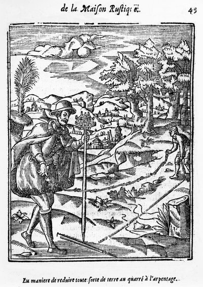 La manera de reducir cualquier tipo de terreno al cuadrado de la encuesta, ilustración de La Agricultura y Casa Rústica por Charles Estienne, edición publicada en 1641 de French School