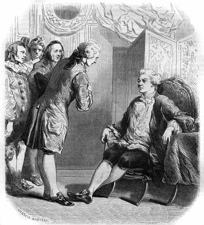 El Marqués de Puysieulx recibiendo a Philippe Néricault Destouches (1680-1754) y su troupe de comediantes itinerantes. Grabado de 1858-1859 de French School
