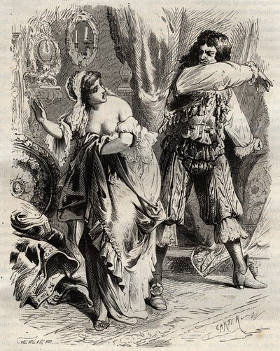 El Marqués de Montespan, Louis Henri de Pardaillan de Gondrin (1640-1691), abofeteó a su esposa, la Marquesa de Montespan (Françoise Athénaïs de Rochechouart de Mortemart) (1640-1707), porque ella se negó a obedecerle por orden del Rey de French School
