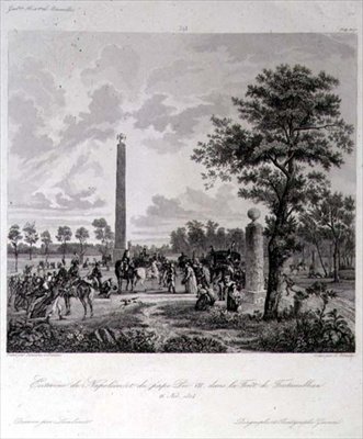 El encuentro entre Napoleón y el Papa Pío VII en el bosque de Fontainebleau, grabado por A. Pilinski, 26 de noviembre de 1804 de French School