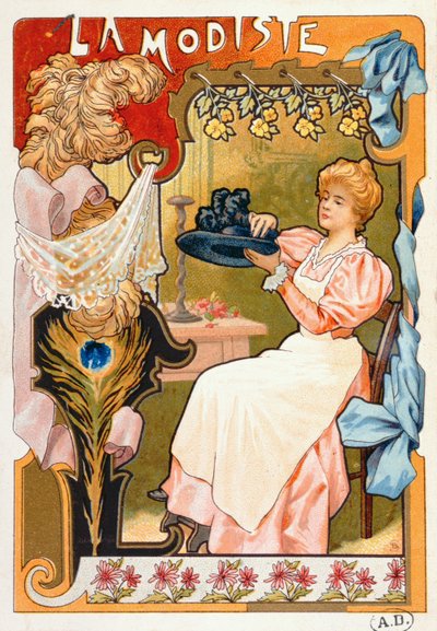 La sombrerera, de una serie de litografías que representan diferentes oficios, 1899 de French School