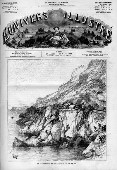 El desastre de Monte Carlo: accidente de tren en la línea ferroviaria a lo largo de la costa. Un periódico. Grabado en "Le Monde Illustré" de French School