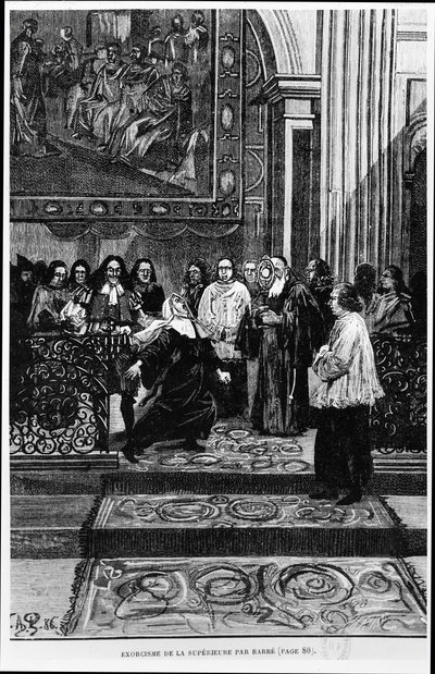 La Madre Superiora es exorcizada por Barre, ilustración para los poseídos de Loudun en Les Mystères de la Science por Louis Figuier, 1886 de French School