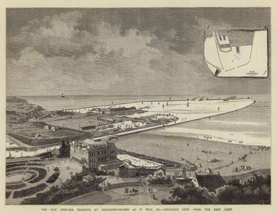 El nuevo puerto de aguas profundas en Boulogne-sur-Mer como será, vista aérea desde el acantilado este de French School